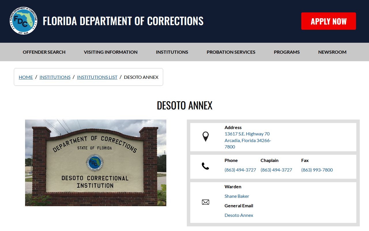 DeSoto Correctional Institution Annex and Work Camp release contact source