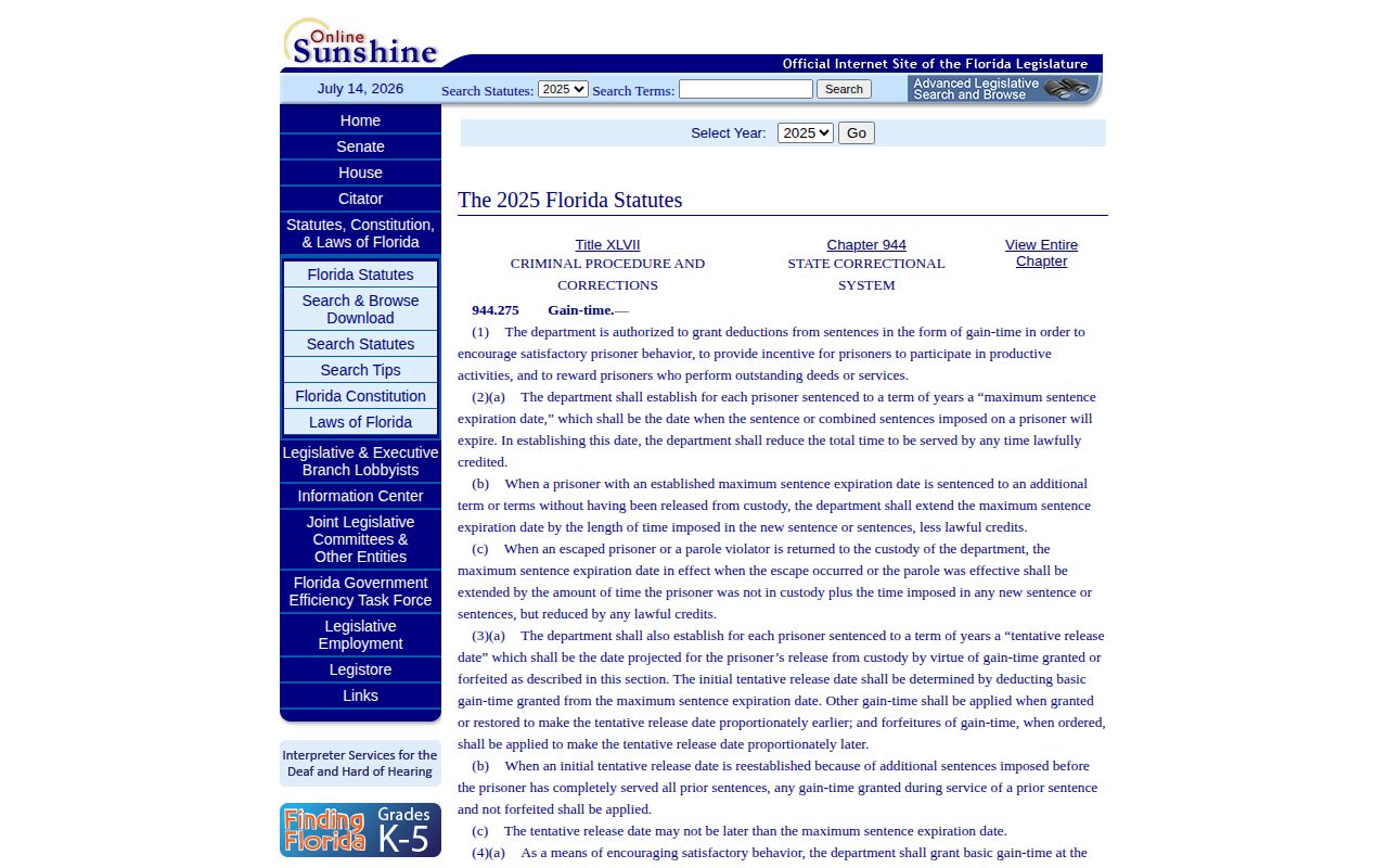 Florida gain-time law affecting DeSoto County prison release dates